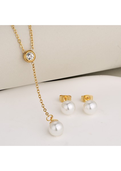 Luna Pearl 18 Ayar Altın Kaplama / Gümüş Kaplama Paslanmaz Çelik Inci Kolye & Küpe Seti – Zarif Tasarım modelleri