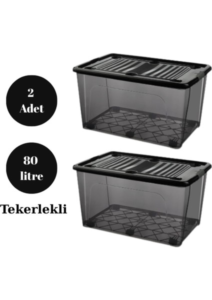 Depolama Saklama Kutusu Düzenleyici Tekerlekli Kilitli Saklama Kabı 2 Adet 80 Lt Antrasit