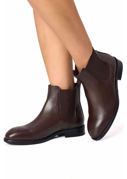 Kahverengi Hakiki Deri Lastikli Chelsea Kadın Bot
