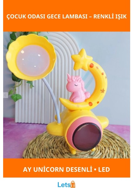 Unicorn Figürlü Ay Desenli Sarı Renkli Gece Lambası