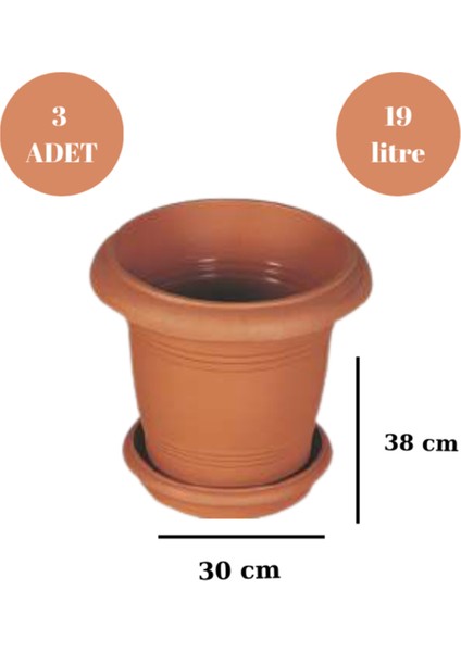Balkon Saksı Bahçe Saksısı Orta Boy Yuvarlak Saksı ve Altlığı 19 Litre 3 Adet 38X30
