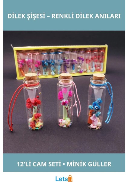 Cam Dilek Şişesi Seti 12'li Renkli Güller ve Kağıtlar
