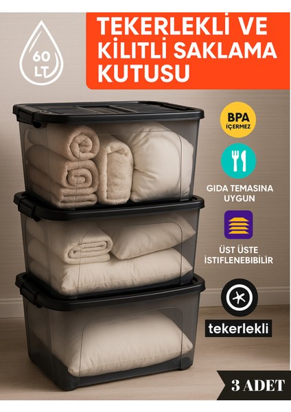 60 Lt Tekerlekli Kilitli Saklama Kutusu 3’lü Set Kapaklı Şeffaf Bpa Içermez Üst Üste Istiflenebilir