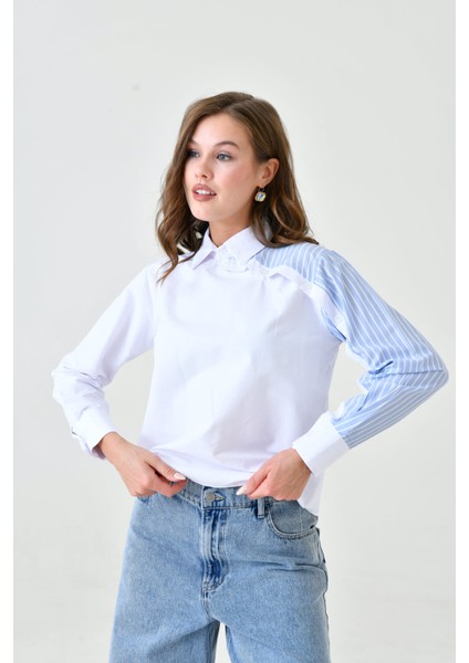 Kadın Özel Tasarım Yaka Kol Düğmeli Çizgi Garnili Tesettüre Uygun Bluz Gömlek