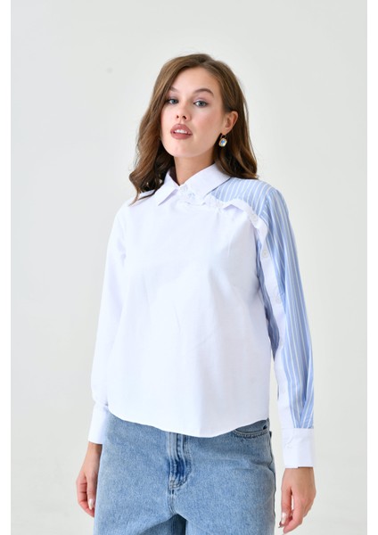 Kadın Özel Tasarım Yaka Kol Düğmeli Çizgi Garnili Tesettüre Uygun Bluz Gömlek fiyatları