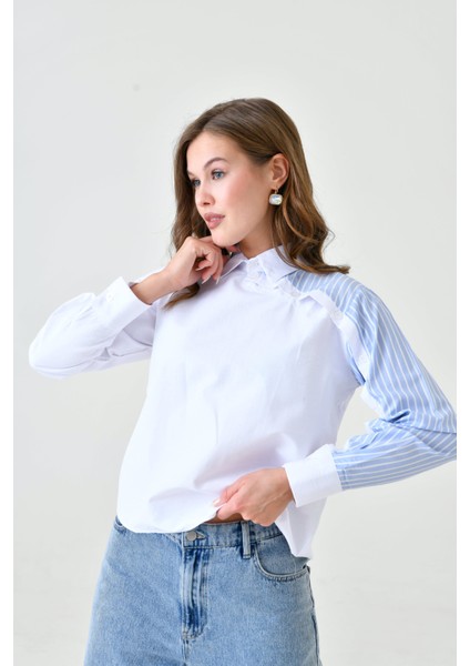 Kadın Özel Tasarım Yaka Kol Düğmeli Çizgi Garnili Tesettüre Uygun Bluz Gömlek fırsatları