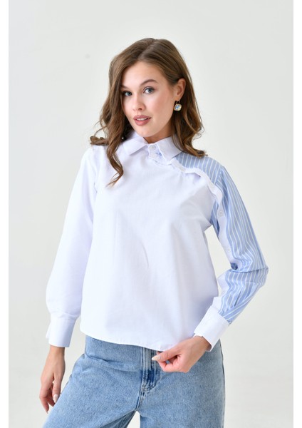 Kadın Özel Tasarım Yaka Kol Düğmeli Çizgi Garnili Tesettüre Uygun Bluz Gömlek indirimleri