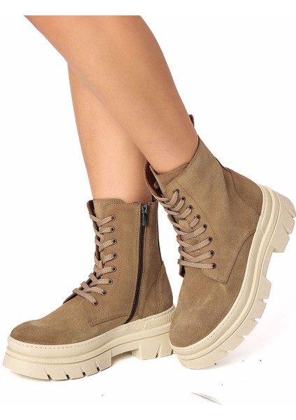 Bej Fermuarlı Bağcıklı Hakiki Süet Deri Kadın Bot