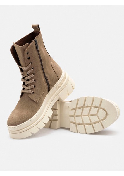 Bej Fermuarlı Bağcıklı Hakiki Süet Deri Kadın Bot fiyatları