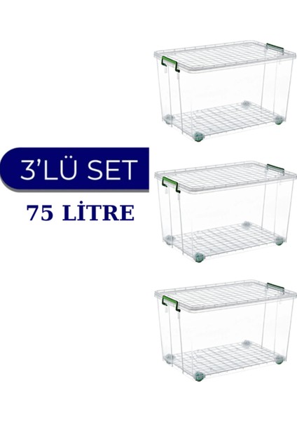 Tekerlekli Saklama Kutusu 75 Litre Şeffaf 3 Adet Saklama Kabı Mutfak/banyo Çok Amaçlı