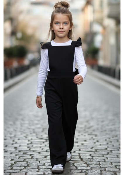 Kız Çocuk Berlin Siyah Pamuklu Fırfırlı Bağlama Detaylı Tulum