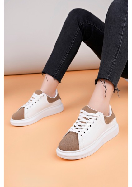 LC109 Beyaz Kahve Süet Kadın Sneaker