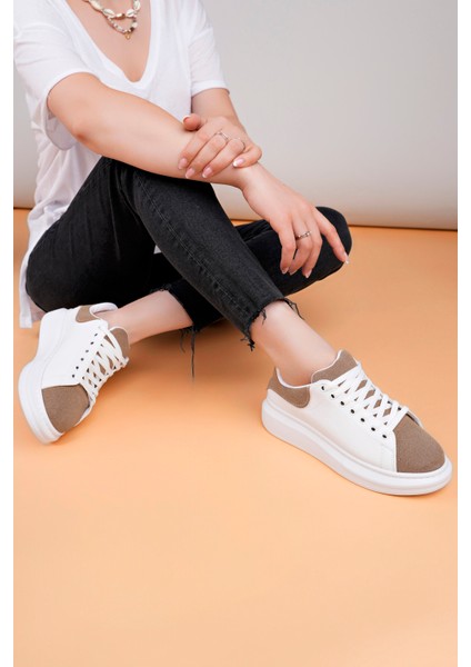 LC109 Beyaz Kahve Süet Kadın Sneaker modelleri