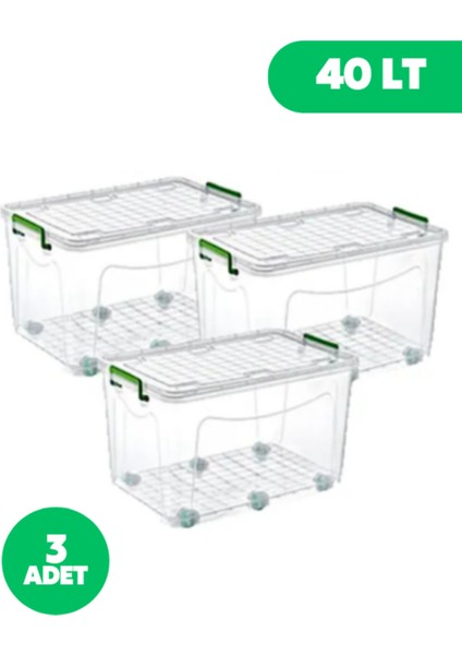 Tekerlekli Kilitli Saklama Kutusu 40 Litre 3 Adet Tekerlekli Saklama Kabı