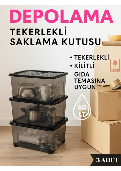 60 Lt Tekerlekli Saklama Kutusu (3'lü Set) - Kilitli, Gıda Temasına Uygun, Şeffaf Depolama Kutusu