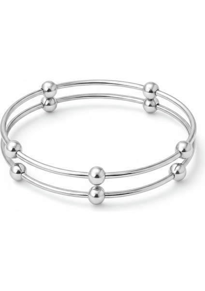 Kadın Çelik Bileklik - Beş Top Süslemeli Tasarım - 2 Li Model - Gümüş Renk