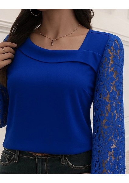 Kadın Uzun Kollu Asimetrik Yakalı Dantelli Ithal Krep Bluz fiyatları