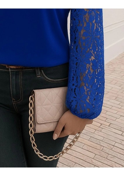 Kadın Uzun Kollu Asimetrik Yakalı Dantelli Ithal Krep Bluz modelleri