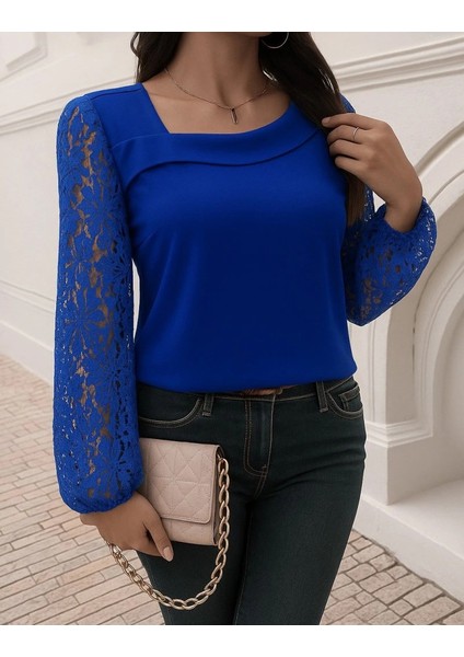 Kadın Uzun Kollu Asimetrik Yakalı Dantelli Ithal Krep Bluz fırsatları