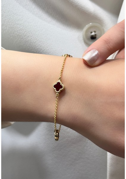 14 Ayar Altın Bordo Yonca Bileklik