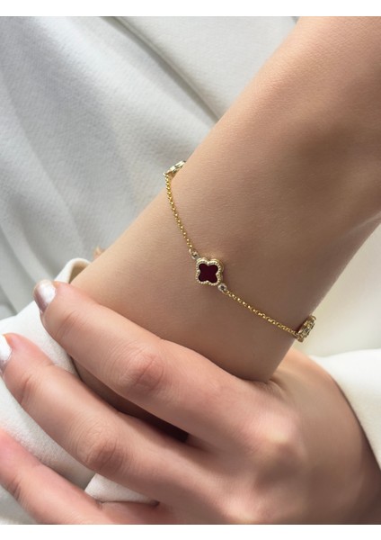 14 Ayar Altın Bordo Yonca Bileklik modelleri
