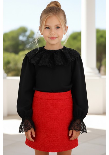 Kız Çocuk Siyah Dantel Detaylı Uzun Kollu Çıtçıtlı 23 Nisan Bluz Gömlek Body