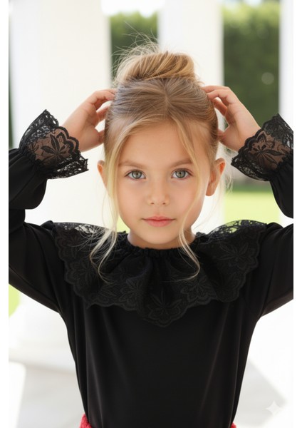 Kız Çocuk Siyah Dantel Detaylı Uzun Kollu Çıtçıtlı 23 Nisan Bluz Gömlek Body fiyatları