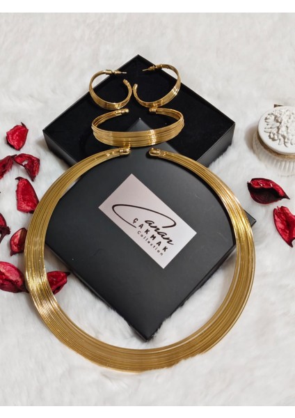 Pirinç Gold Renk Kolye Küpe Bileklik Seti