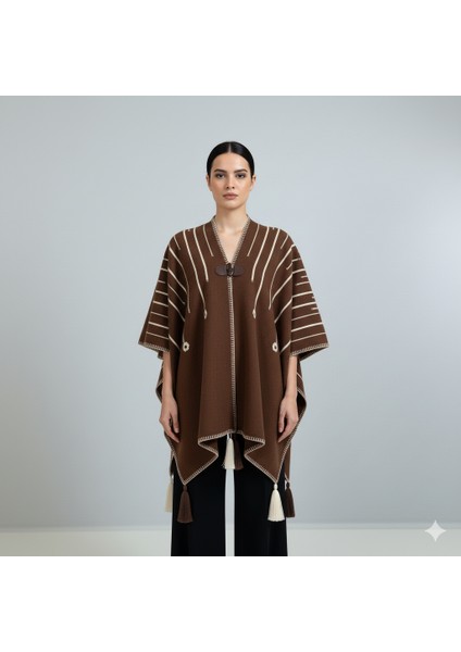 Akmoda Kalın Kışlık Triko Uzun Panço