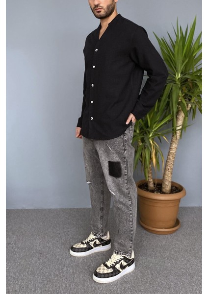 Hakim V Yaka Keten Mevsimlik Uzun Kollu Gömlek modelleri