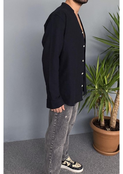 Hakim V Yaka Keten Mevsimlik Uzun Kollu Gömlek fırsatları