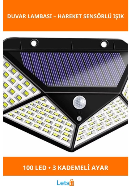 Güneş Enerjili Hareket Sensörlü 100 LED Duvar Lambası