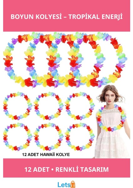 Renkli Hawaii Çiçekli Boyun Kolyesi 12 Adet Aksesuar