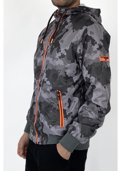Kapüşonlu Kamuflaj Yağmurluk Turuncu Detaylı