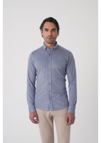 Erkek Uzun Kol Paşa Yaka Pamuk Örme Cepsiz Lacivert Gömlek GMORM250001_D39
