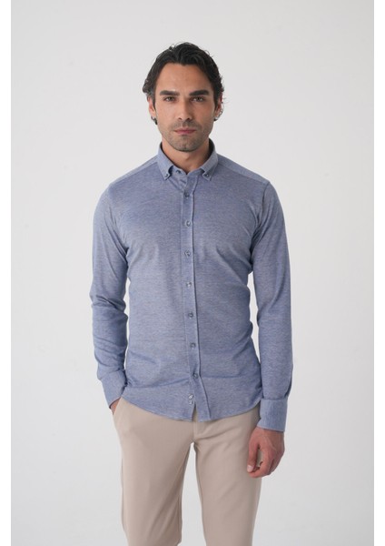 Erkek Uzun Kol Paşa Yaka Pamuk Örme Cepsiz Lacivert Gömlek GMORM250001_D39 fiyatları