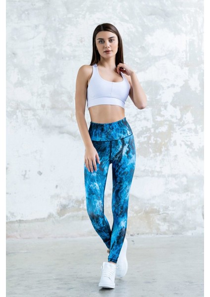 Dar Kesim Desenli Yüksel Bel Dalgıç Kumaş Spor Tayt