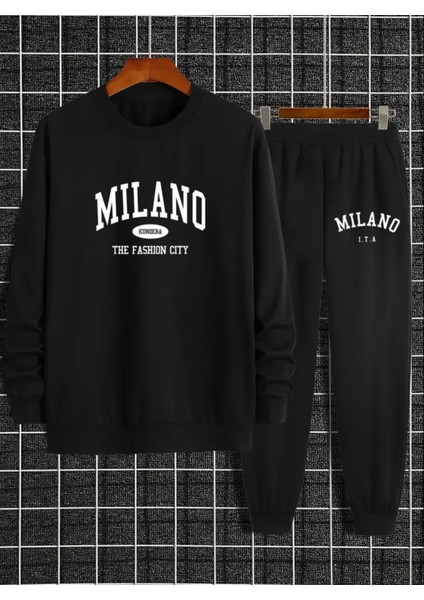 Punıx Büyük Beden Rahat Kalıp Mılano Baskılı Kışlık Kalın 3 Iplik Erkek Battal Eşofman Takımı