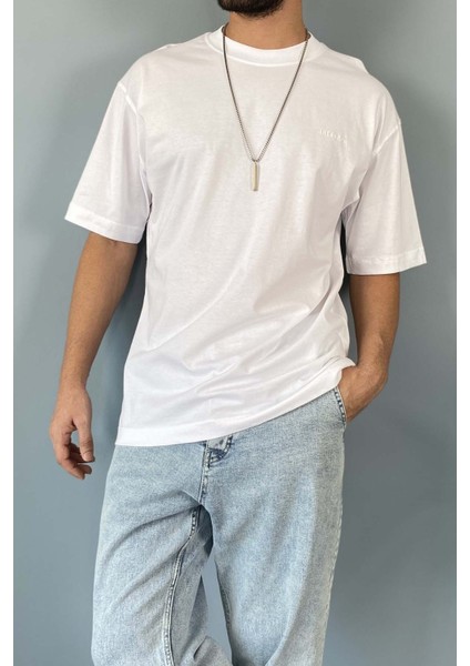 Oversize Fit %100 Pamuk Orta Kalın Dokulu Ekru T-Shirt
