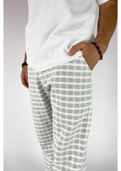 %100 Pamuk Kare Desenli Keten Pantolon