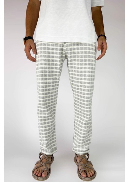 %100 Pamuk Kare Desenli Keten Pantolon modelleri