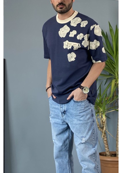 Bisiklet Yaka Omuz Desenli Yazlık Lacivert Tişört