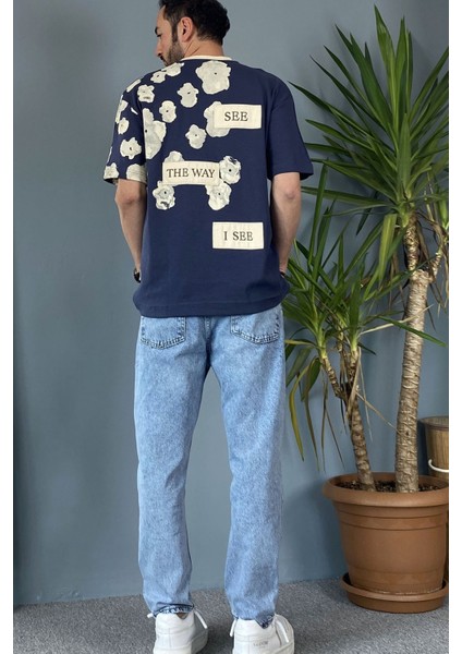 Bisiklet Yaka Omuz Desenli Yazlık Lacivert Tişört modelleri