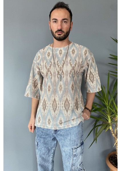 Oversize Bisiklet Yaka Jakarlı Turkuaz Tişört