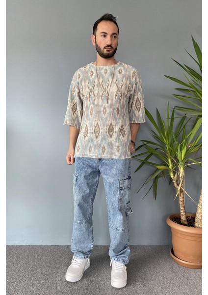 Oversize Bisiklet Yaka Jakarlı Turkuaz Tişört modelleri