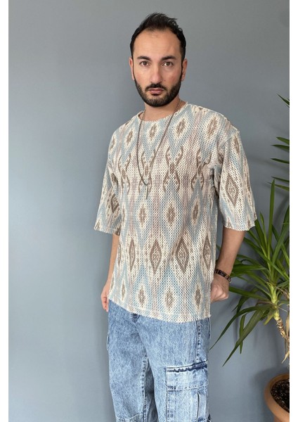 Oversize Bisiklet Yaka Jakarlı Turkuaz Tişört fırsatları