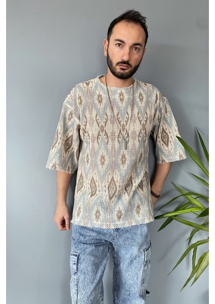 Oversize Bisiklet Yaka Jakarlı Turkuaz Tişört indirimleri