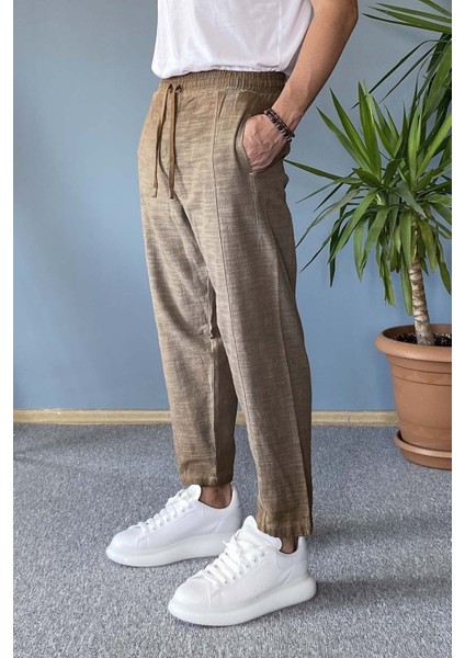 Havuç Kesim Keten Pantolon Bağcıklı Beli Lastikli Bilek Boy