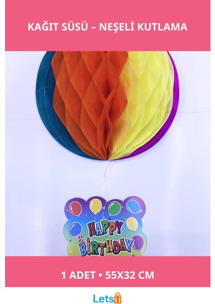 Happy Birthday Kağıt Süsü 55 cm Renkli Parti Dekorasyonu