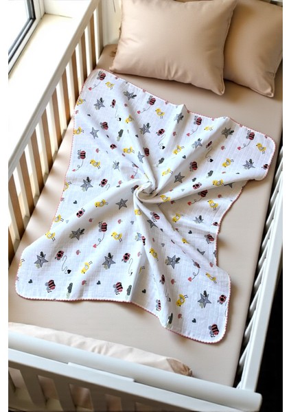 Minika Çok Amaçlı Müslin Örtü Uğur Böceği 80 x 90 cm Yenidoğan Örtü Bez